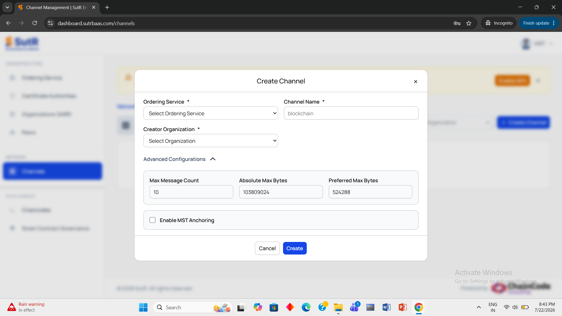 Create Channel dialog with the Enable MST Anchoring checkbox under Advanced Configurations