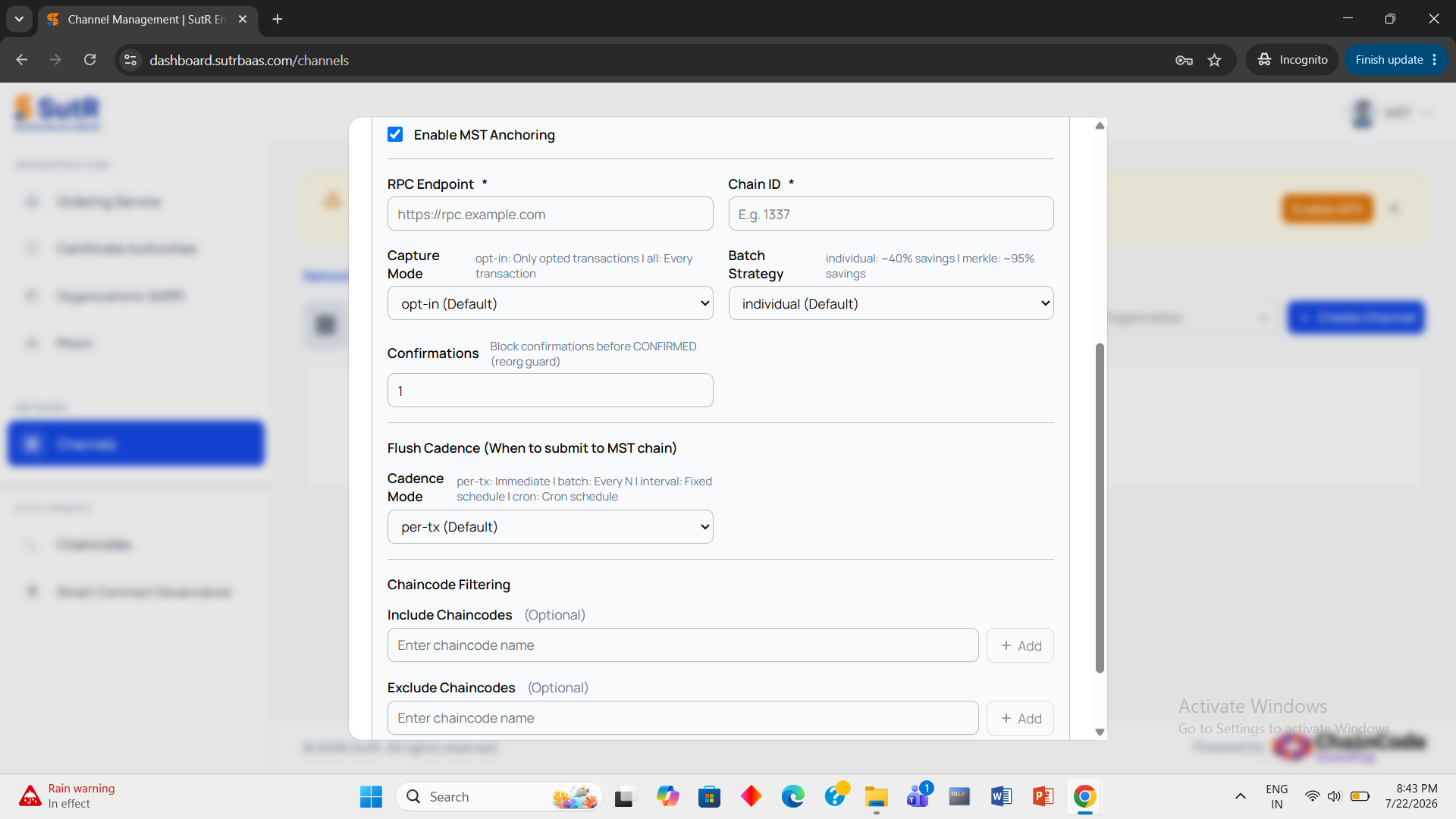 MST anchoring configuration form with RPC endpoint, chain id, capture mode, batch strategy, confirmations, flush cadence and chaincode filtering